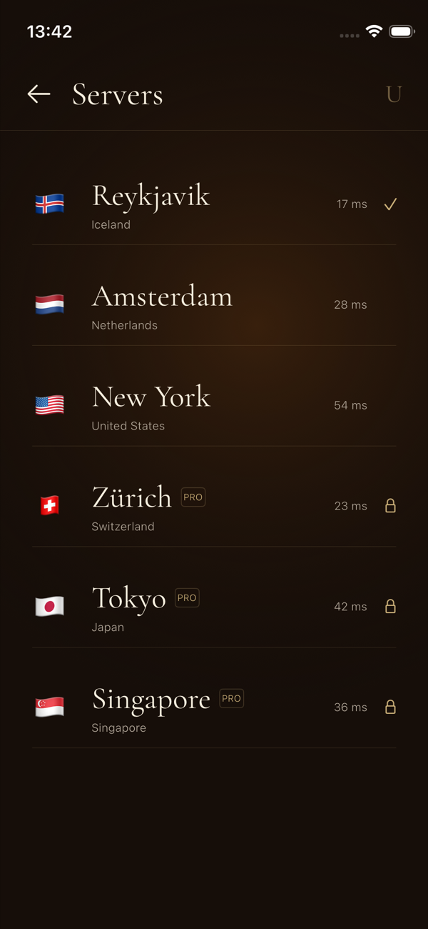 UMBRA VPN global server selection screen